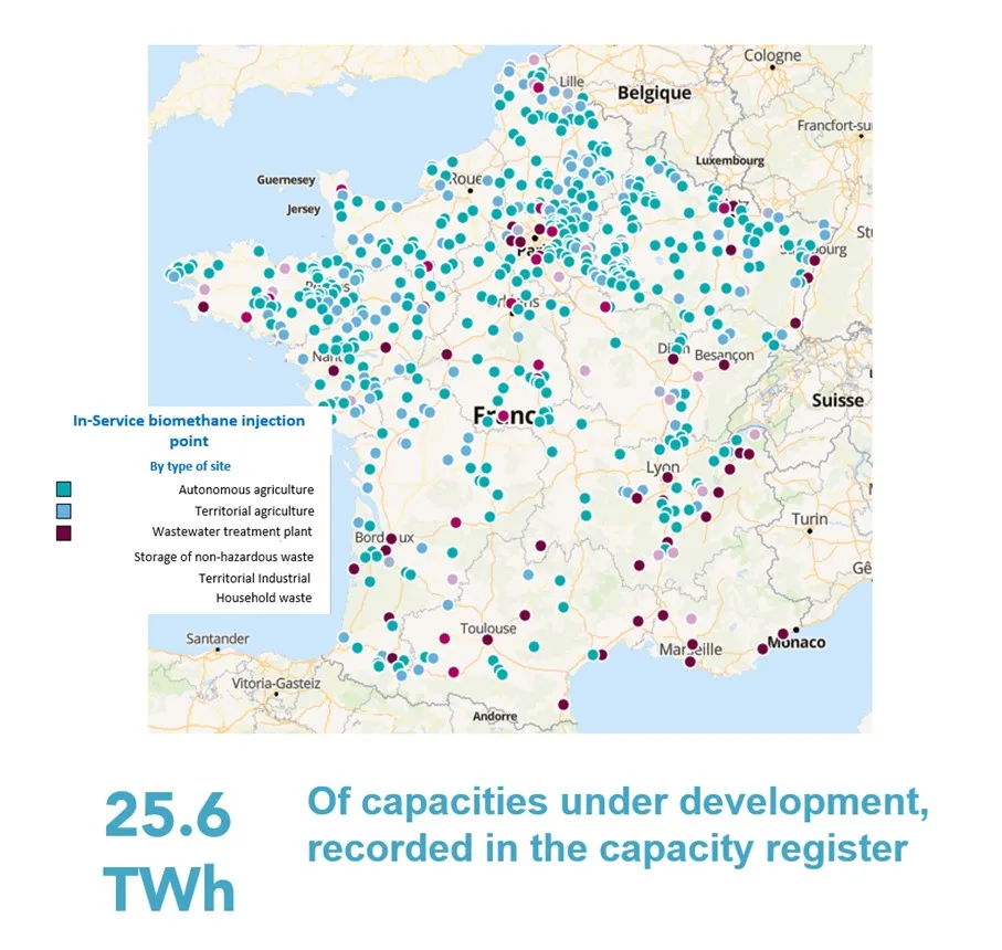 Map of in-service biomethane injection points in France