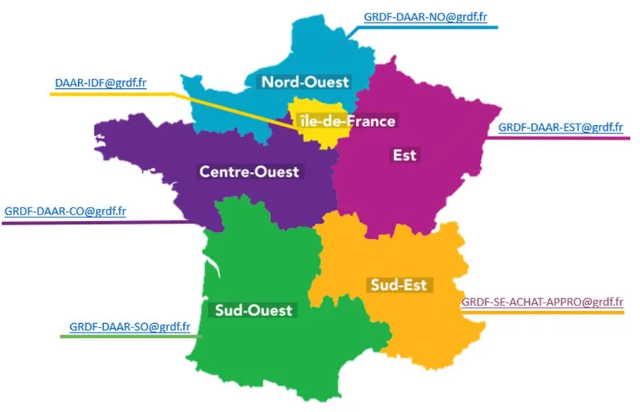 Carte des contacts GRDF régionaux